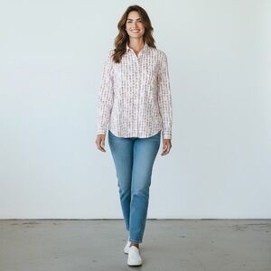 Stylus Women's XL White Multi Colored Pineapples Breast Pocket Cotton Button Top